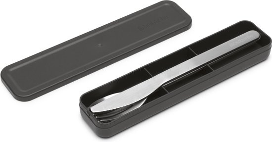 Étui à couverts Brabantia gris foncé avec cuillère, couteau et fourchette en acier inoxydable.