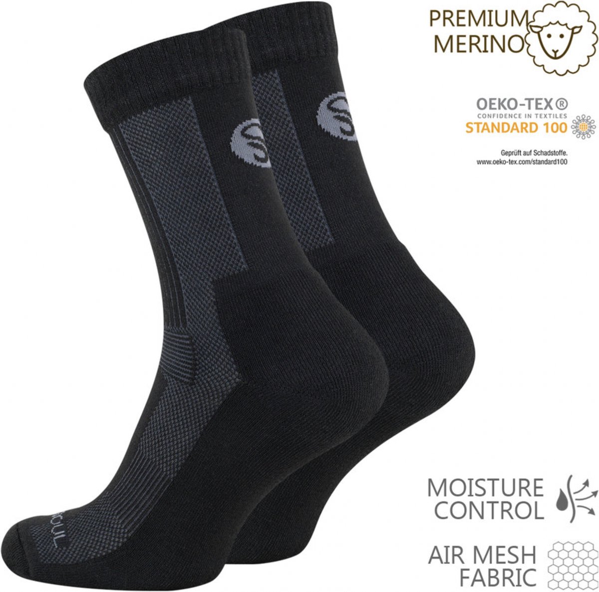 Stark Soul trekking/outdoorsokken met Merinowol unisex. Zwart