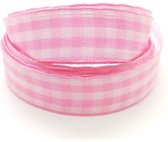Satijn stoffen lint lichtrose geruit band - 1 cm x 2 m - 10 mm - baby roze pink met ruitje - voor kleding armbandje kraamcadeau