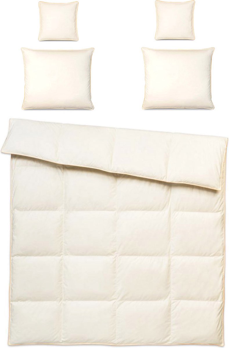 Donzen Dekbed 220x200cm – 2.5kg Dons Vulling - 2 Persoons Ganzendons Dekbed – 100% Katoenen Tijk - Satijnen Bies – Kleur Crème –Herfst/Winter Seizoen + 2 Kussens 70x80mm + 2 Kussens 40x40cm