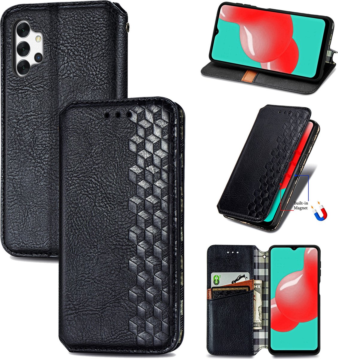 Luxe PU Lederen Ruitpatroon Wallet Case + PMMA Screenprotector voor Galaxy A32 4G _ Zwart