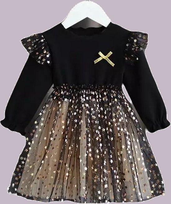 registreren Luxe satelliet Baby jurk - feestjurk - kerstjurk - zwart - goud - sterren - pof mouwen -  nette jurk -... | bol.com