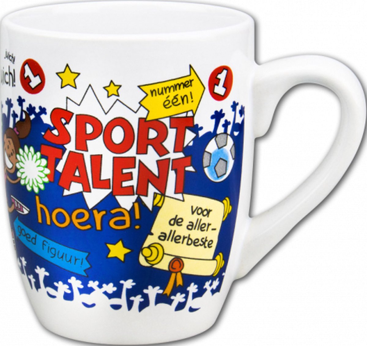 Mok - Cartoon Mok - Sporttalent - Gevuld met een toffeemix - In cadeauverpakking met gekleurd krullint