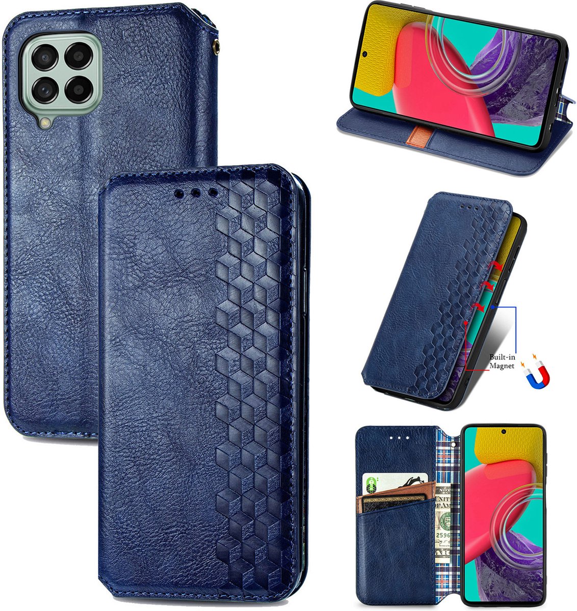 Luxe PU Lederen Ruitpatroon Wallet Case + PMMA Screenprotector voor Galaxy M53 _ Blauw