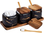 Kruidenpotjes, set van 3 keramische suikerpotjes met deksel en lepel voor huis en keuken, alternatief voor kruidenstandaard en kruidenrek voor keuken en eettafel, zwart marmerpatroon