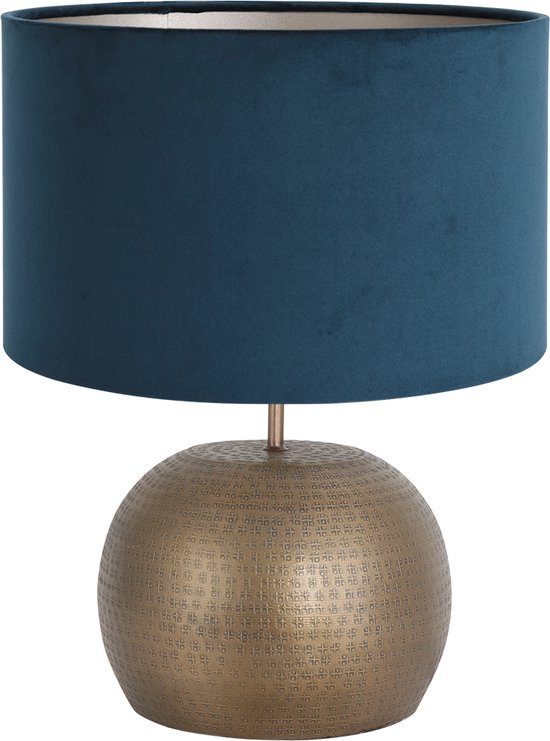 Steinhauer Brass tafellamp - met blauwe velvet kap - 44 cm hoog - E27 - brons