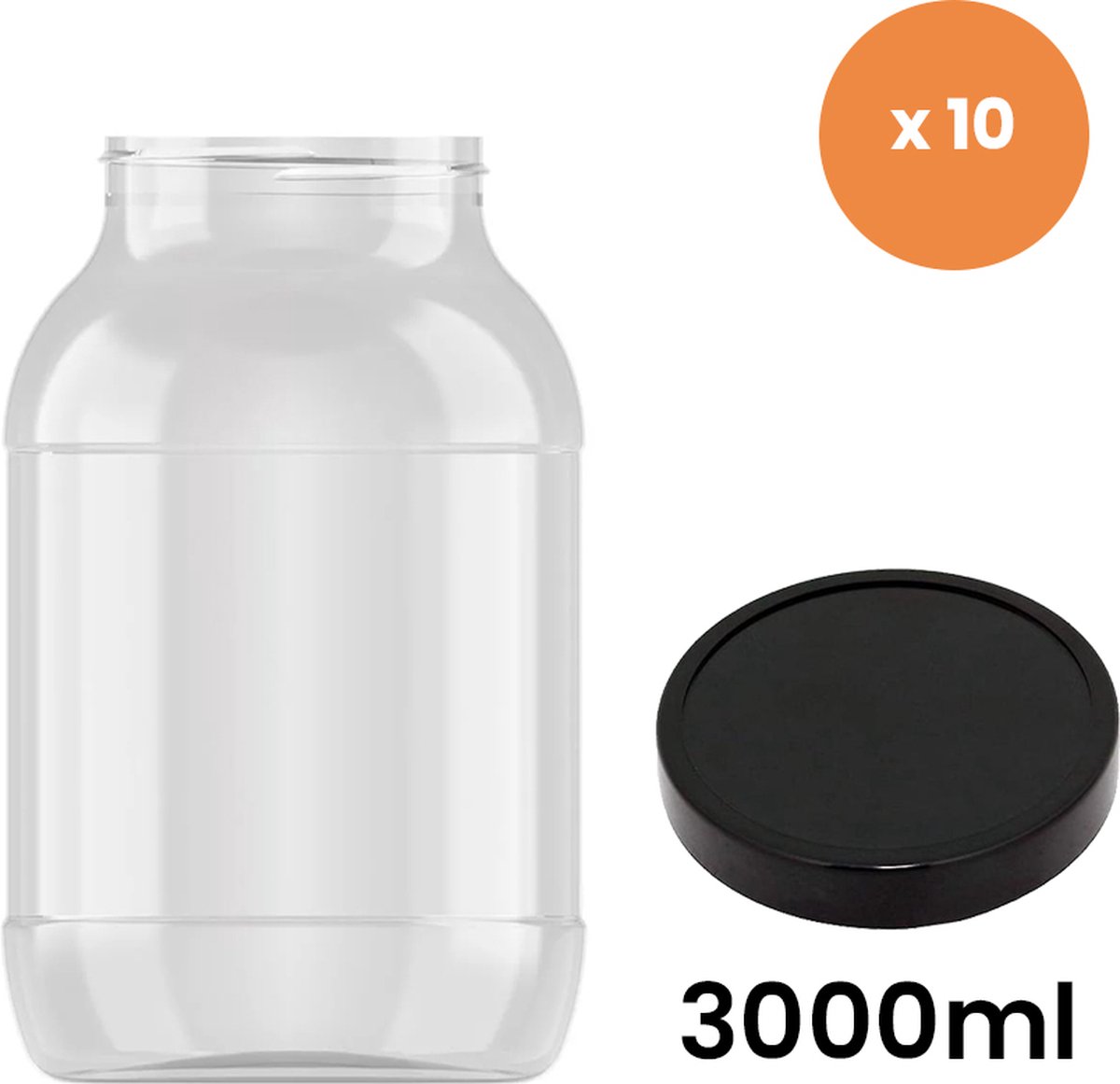Set van 10 transparante PET bokalen met zwart plastic deksel 3000ml