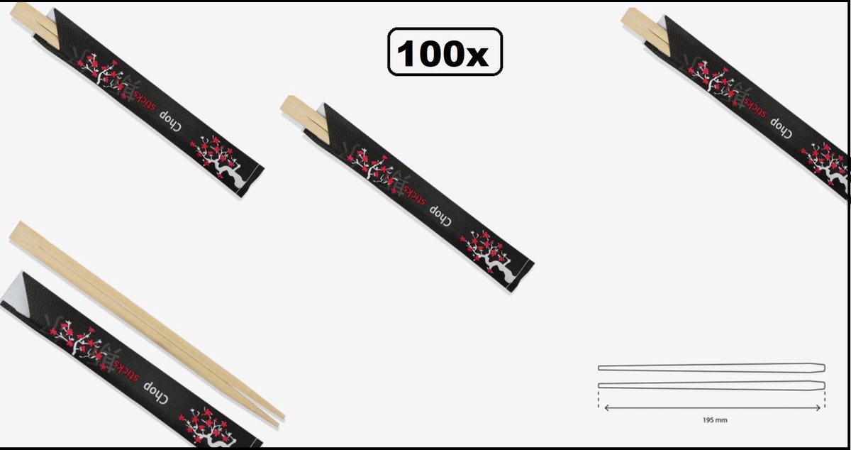 100x Chopsticks Eetstokjes 21cm in zwart hoesje sushi chop sticks eet stokje chinees japan indisch festival food thema feest - Merkloos