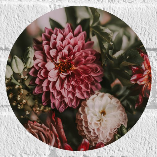 WallClassics - Muursticker Cirkel - Close-Up van Rood/Roze en Witte Bloemen - 20x20 cm Foto op Muursticker