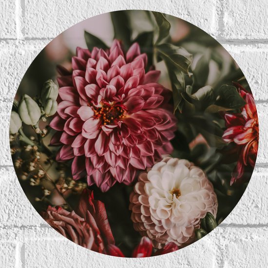 WallClassics - Muursticker Cirkel - Close-Up van Rood/Roze en Witte Bloemen - 30x30 cm Foto op Muursticker