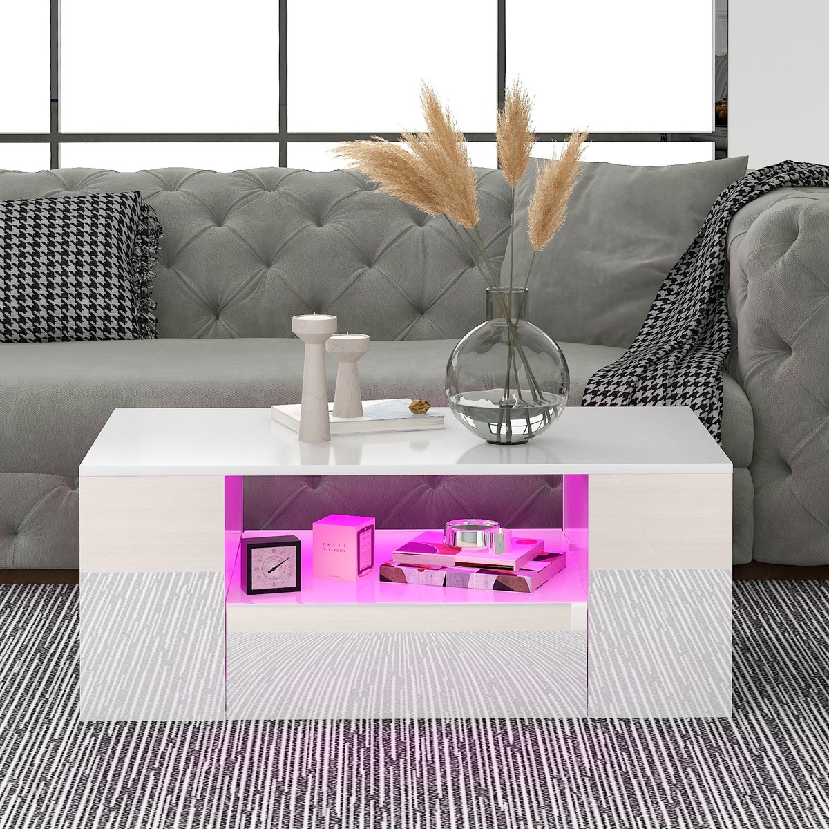 YITAHOME Salontafel, wit, hoogglans, met 16-kleurige ledverlichting, modern, bijzettafel, wit met open tentoonstellingsrek en 2 uittrekbare laden, 95 x 55 x 37 cm