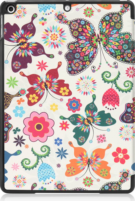 Étui blanc avec un imprimé multicolore de papillons et de fleurs.