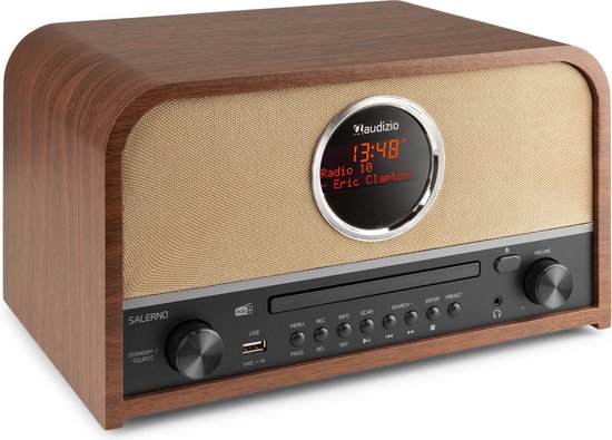 Audizio Salerno retro radio met CD-speler, houten kast en stoffen voorkant. Scherm toont "Radio 10 Eric Clapton".