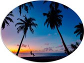 WallClassics - PVC Schuimplaat Ovaal - Schommelen op een Tropisch Strand bij Zonsondergang - 108x81 cm Foto op Ovaal  (Met Ophangsysteem)