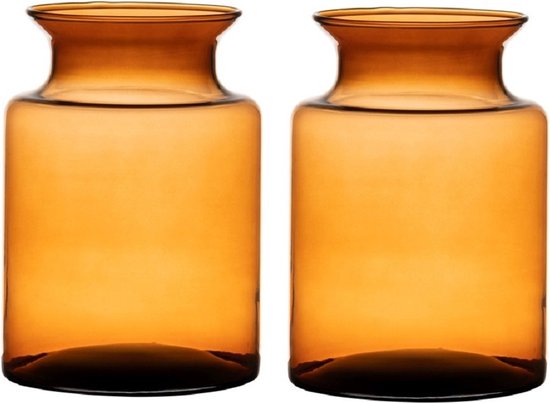 Set van 2x stuks oranje/transparante stijlvolle melkbus vaas/vazen van glas 20 cm - Bloemen/boeketten vaas voor binnen gebruik