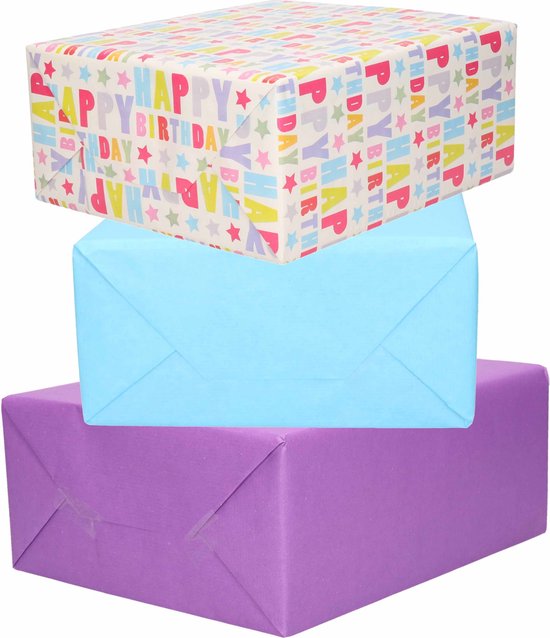 3x Rouleaux de papier cadeau kraft bleu clair/violet/joyeux anniversaire  200 x 70 cm 