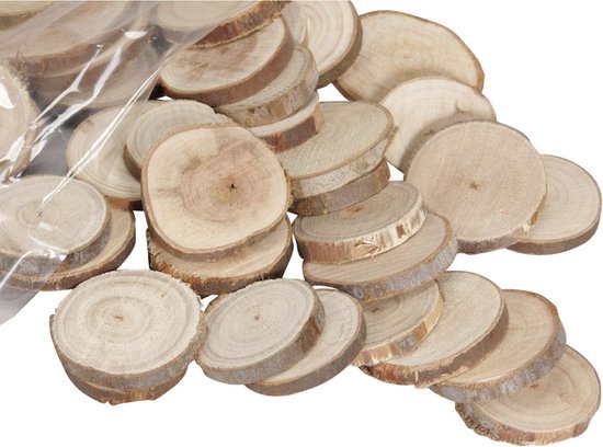 150x stuks houten decoratie boomschijven/boomschijfjes rond 3-5 cm - Hobby materiaal boomschors schijven - Kerstversiering