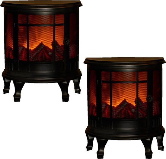 2x stuks sfeerhaarden/open haard zwart met led verlichting L30 x B16 x H35 cm - Woondecoratie/kerstversiering verlichting