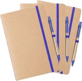 Set van 5x stuks nature look schriften/notitieboekje met blauw elastiek A5 formaat - blanco paginas - opschrijfboekjes -60 paginas