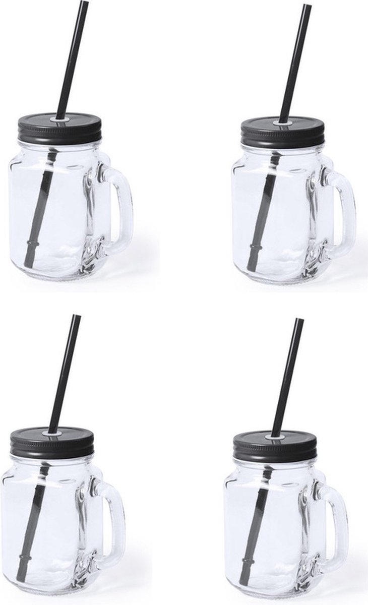 Goedkoopste Mason Jar drinkbekers - 4x stuks - glas - dop zwart met rietje - 500 ml - afsluitbaar - fruit shakes