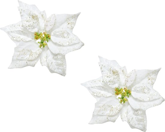 2x stuks decoratie bloemen kerststerren wit glitter op clip 20 cm - Decoratiebloemen/kerstboomversiering/kerstversiering