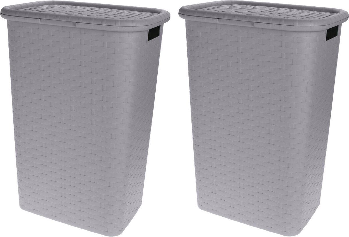 Goedkoopste 2x stuks wasmanden rotan met deksel grijs 60 liter - Kunststof geweven wasmanden