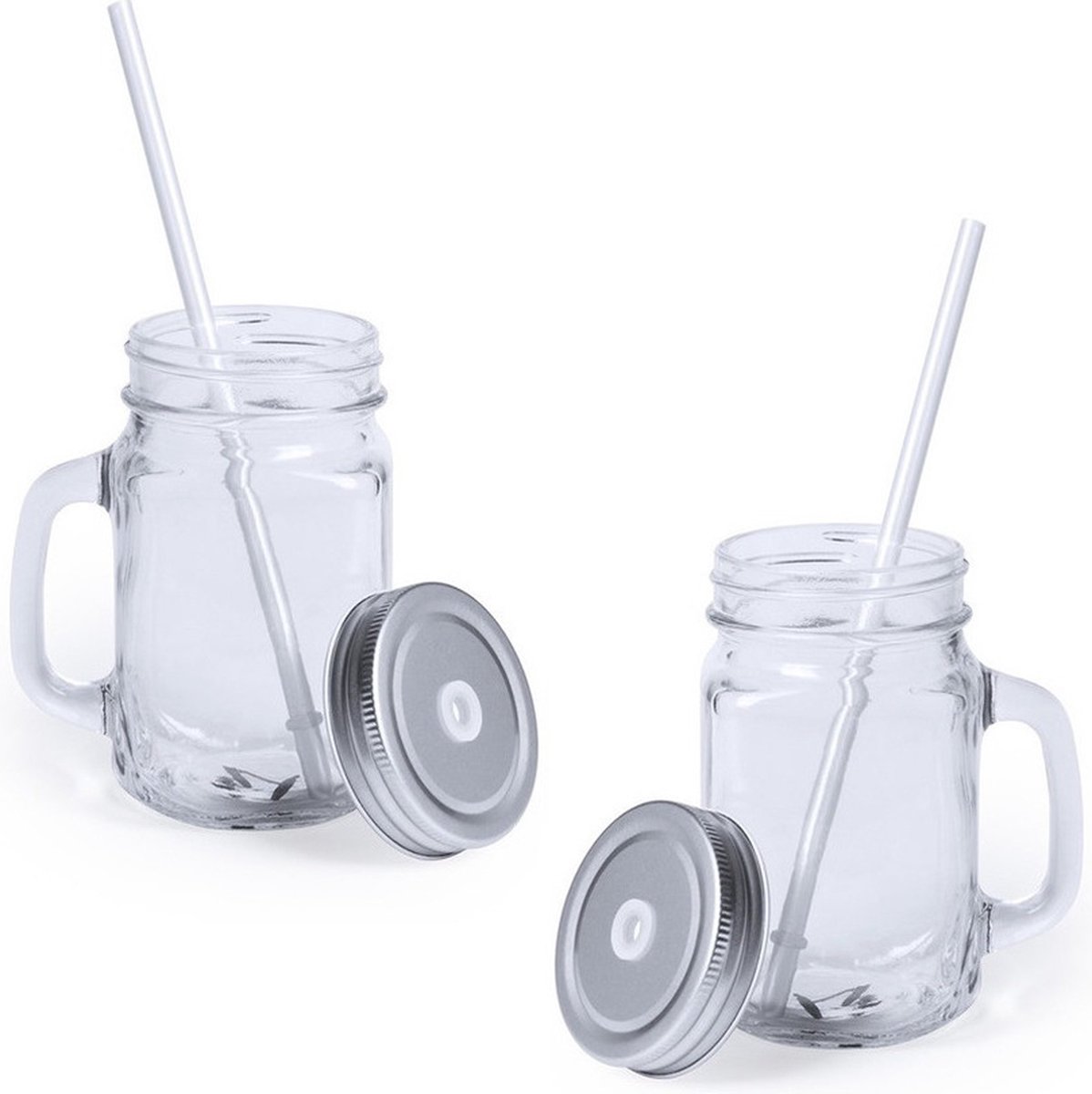 Goedkoopste Mason Jar drinkbekers - 10x stuks - glas - dop zilver met rietje - 500 ml - afsluitbaar - fruit shakes