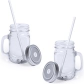 10x stuks Glazen Mason Jar drinkbekers zilvergrijze dop en rietje 500 ml - afsluitbaar/niet lekken/fruit shakes
