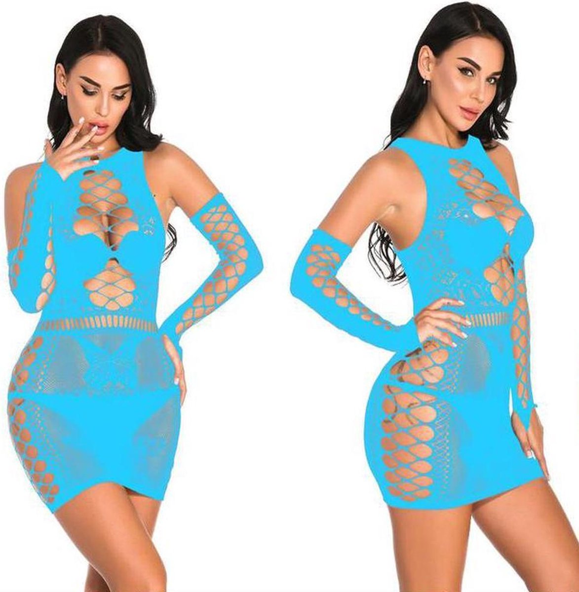 Goedkoopste Dames Lingerie Stretch Sexy Mini Dress met mouwen - Turquoise - one size XL (44-48