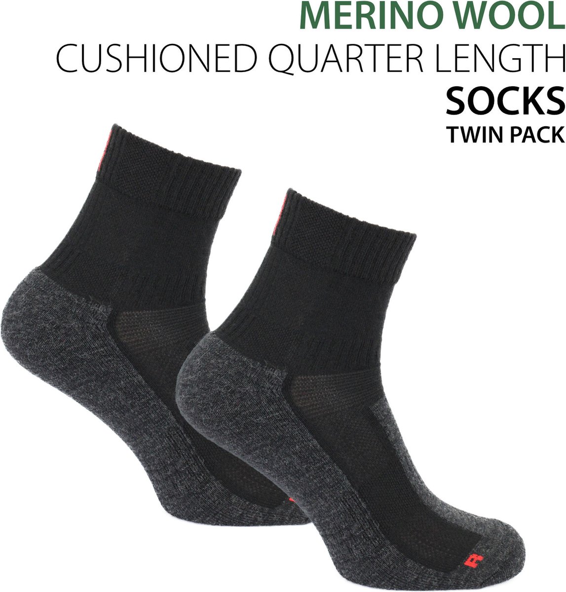 Norfolk - Fietssokken - Wandelsokken - 2 paar - 63% Merino wollen sokken met demping - Enkel Sokken - LeonardoQTR - Zwart - 35-38