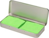 2x stuks lime groene sport zweetbandjes in metalen opslag/bewaar doosje - sport artikelen