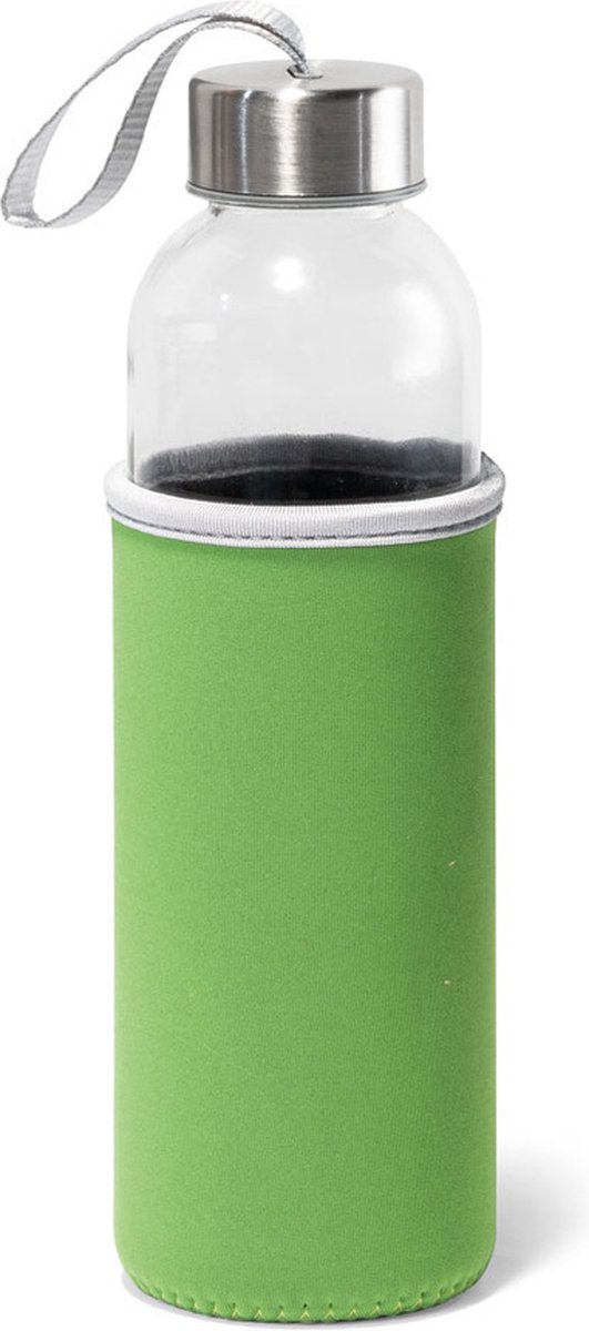 Glazen waterfles/drinkfles met groene softshell bescherm hoes 520 ml - Sportfles - Bidon