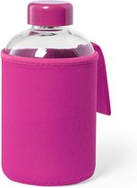 Glazen waterfles/drinkfles met fuchsia roze softshell bescherm hoes 600 ml - Sportfles - Bidon