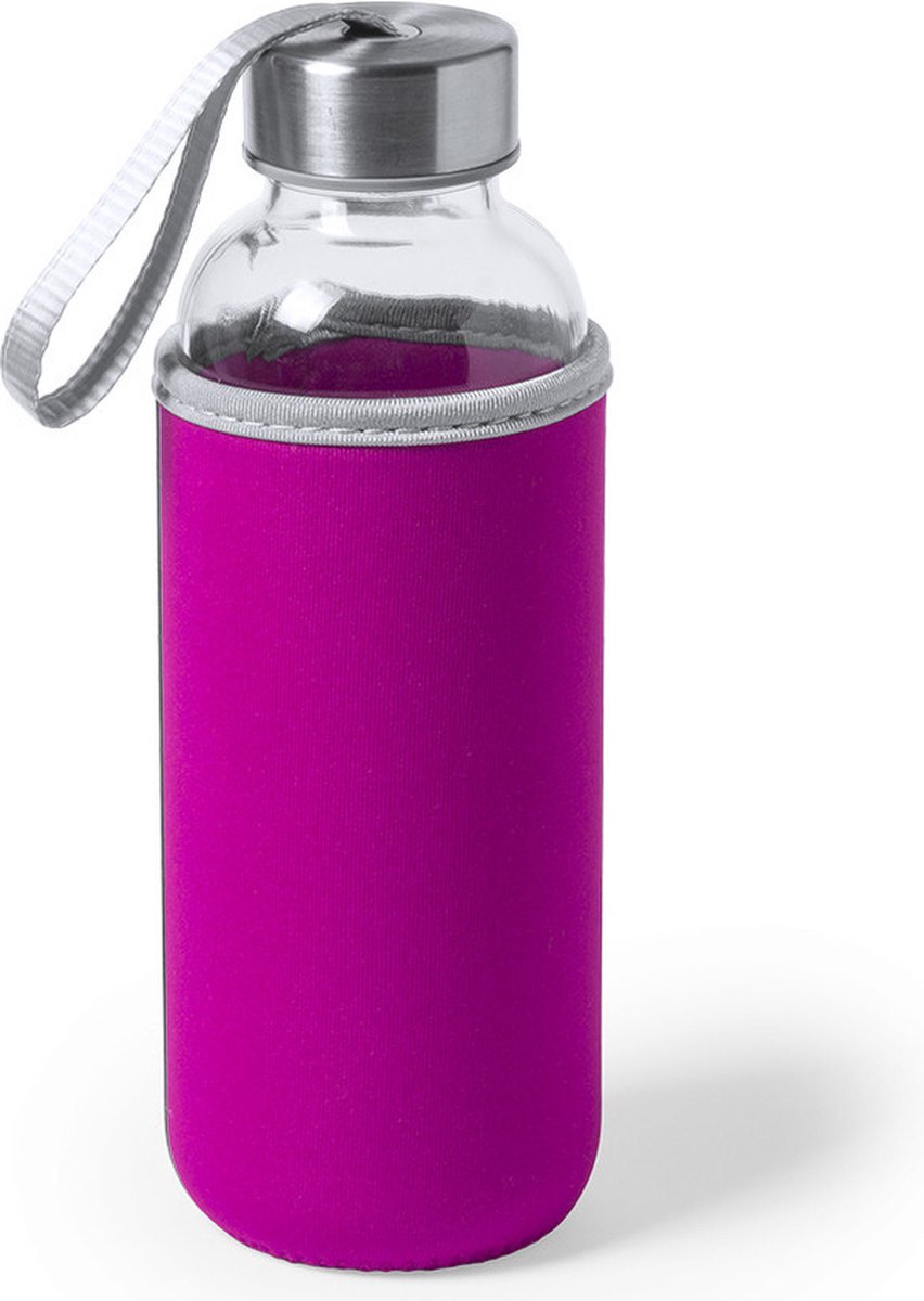 Glazen waterfles/drinkfles met fuchsia roze softshell bescherm hoes 420 ml - Sportfles - Bidon