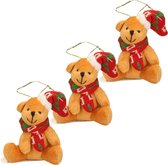 3x pcs pendentifs de Noël ours en peluche beige avec écharpe rouge et chapeau 7 cm - ornements de décorations d' Décorations pour sapins de Noël