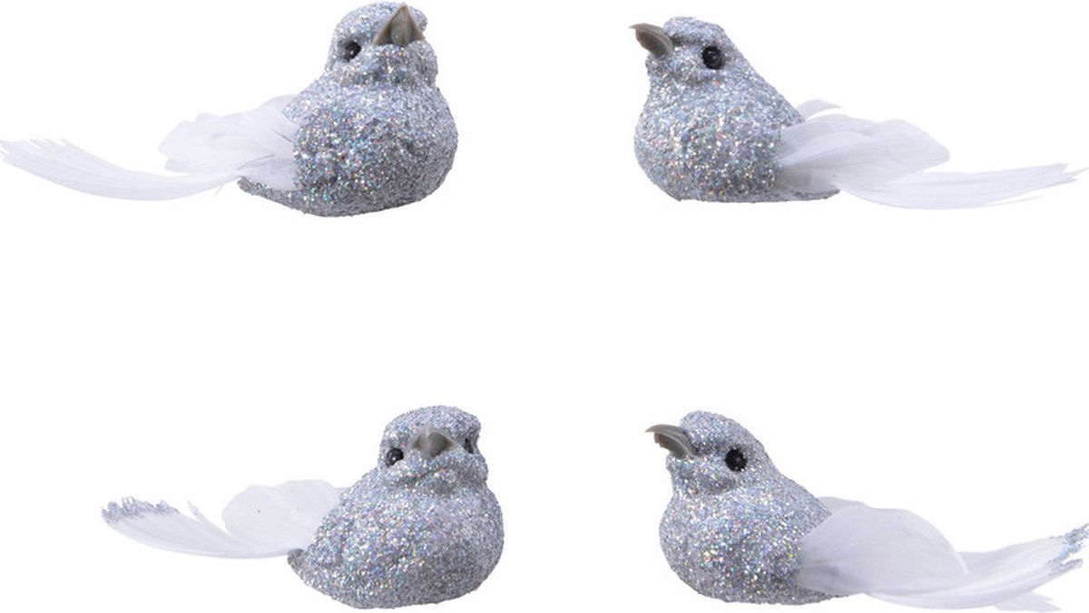 8x Decoratie glitter vogeltjes zilver op clip 5 cm - Kerstboomversiering vogels - Hobby/knutsel materiaal