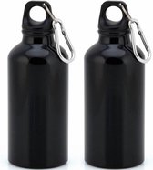 4x Stuks aluminium waterfles/drinkfles zwart met schroefdop en karabijnhaak 400 ml - Sportfles - Bidon