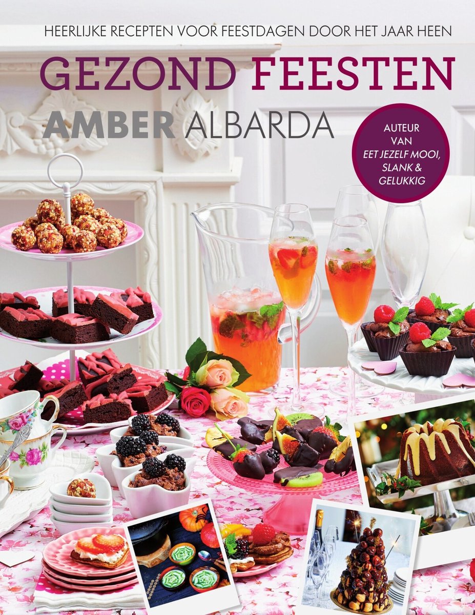 Boekomslag met recepten voor feestdagen. Gedekte tafel met diverse zoete en hartige hapjes, gebak, drankjes en fruit.