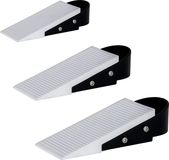 Driehoekige deurstoppers - wit rubber - zwarte RVS voet - set van 3 stuks - hoogte 3cm - lengte 12 cm