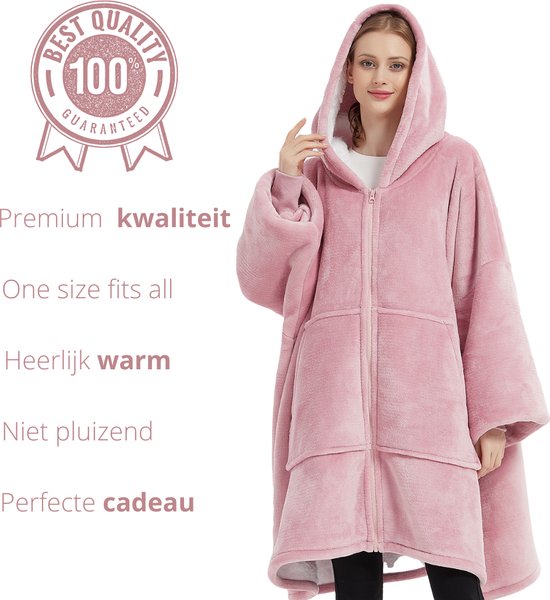 Q- Living Fleece Blanket With Sleeves - 1340 grammes - Couverture à capuche - Sweat à capuche surdimensionné - Couverture TV - Rose avec fermeture éclair