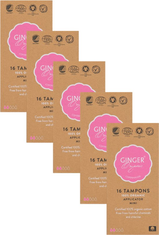 Ginger Organic tampons met applicator mini 80 stuks - 5 x 16 stuks - 100%  puur... | bol.com