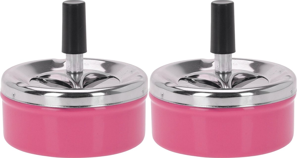 Goedkoopste Set van 2x stuks ronde draaiasbak/drukasbak metaal 10 cm roze voor binnen/buiten