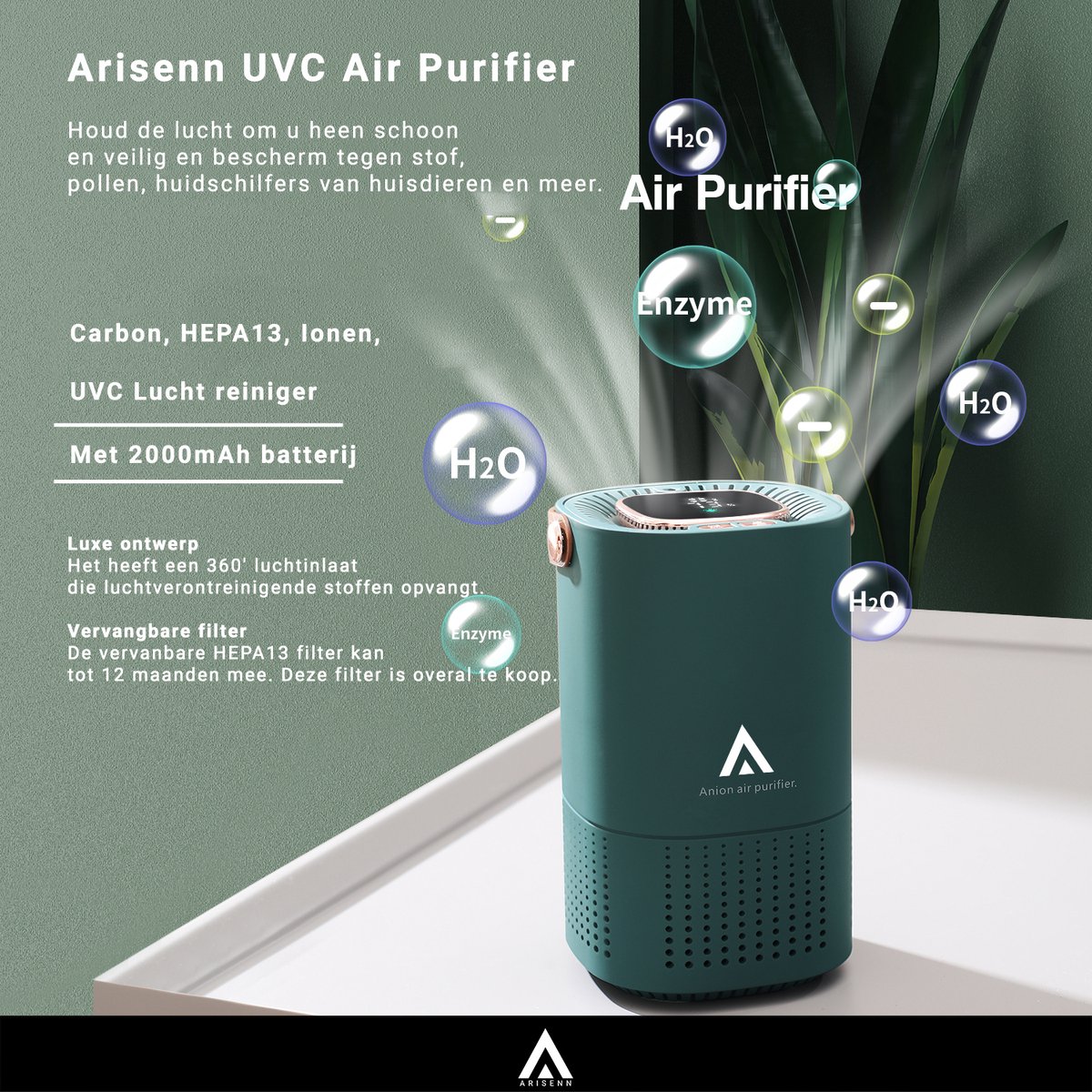 Arisenn® Aromatherapie HEPA13 Ionen Luchtreiniger - Air Purifier - Luchtreiniger inclusief HEPA 13 (medisch) + 2000mAh accu + Actieve Koolstof - Vervangbaar HEPA Filter - IO-TH13-Carbon-V2 - UPGRADED versie