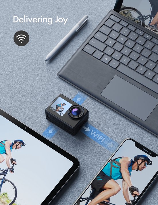 Een actiecamera die verbinding maakt via WiFi met een telefoon, tablet en laptop.
