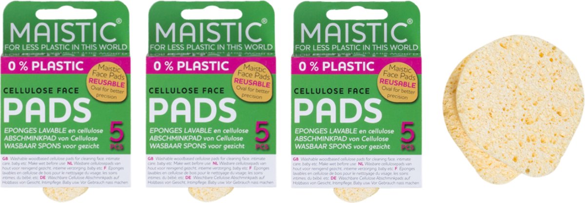 Maistic® | 15 x Plasticvrije herbruikbare gezichtreinigingsponsjes | 100% Biobased | Cellulose Face Pads
