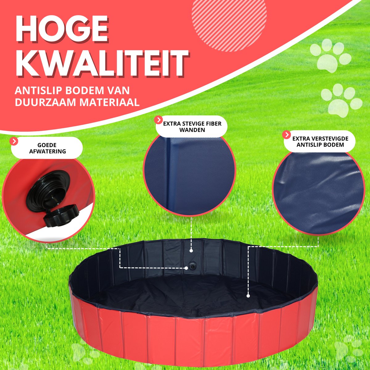 Lendo Online - Hondenzwembad Ø80x20cm - Bad voor honden - Hondenbad - Dierenzwembad - Opzetzwembad - inklapbaar - PVC - Rood / Blauw- Inclusief Hondenborstel Kam thumbnail 2