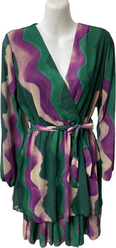 Dames jurk/ tuniek kort model met stroken Groen /paars One size .  Nu in de aanbieding