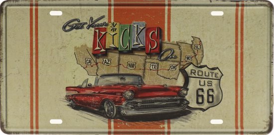 Wandbord – Mancave – Get your kicks - Chevrolet – Vintage - Retro - Wanddecoratie – Reclame bord – Restaurant – Kroeg - Bar – Cafe - Horeca – Metal Sign – Mannen Cadeau - Oldtimer – Auto - 15x30cm