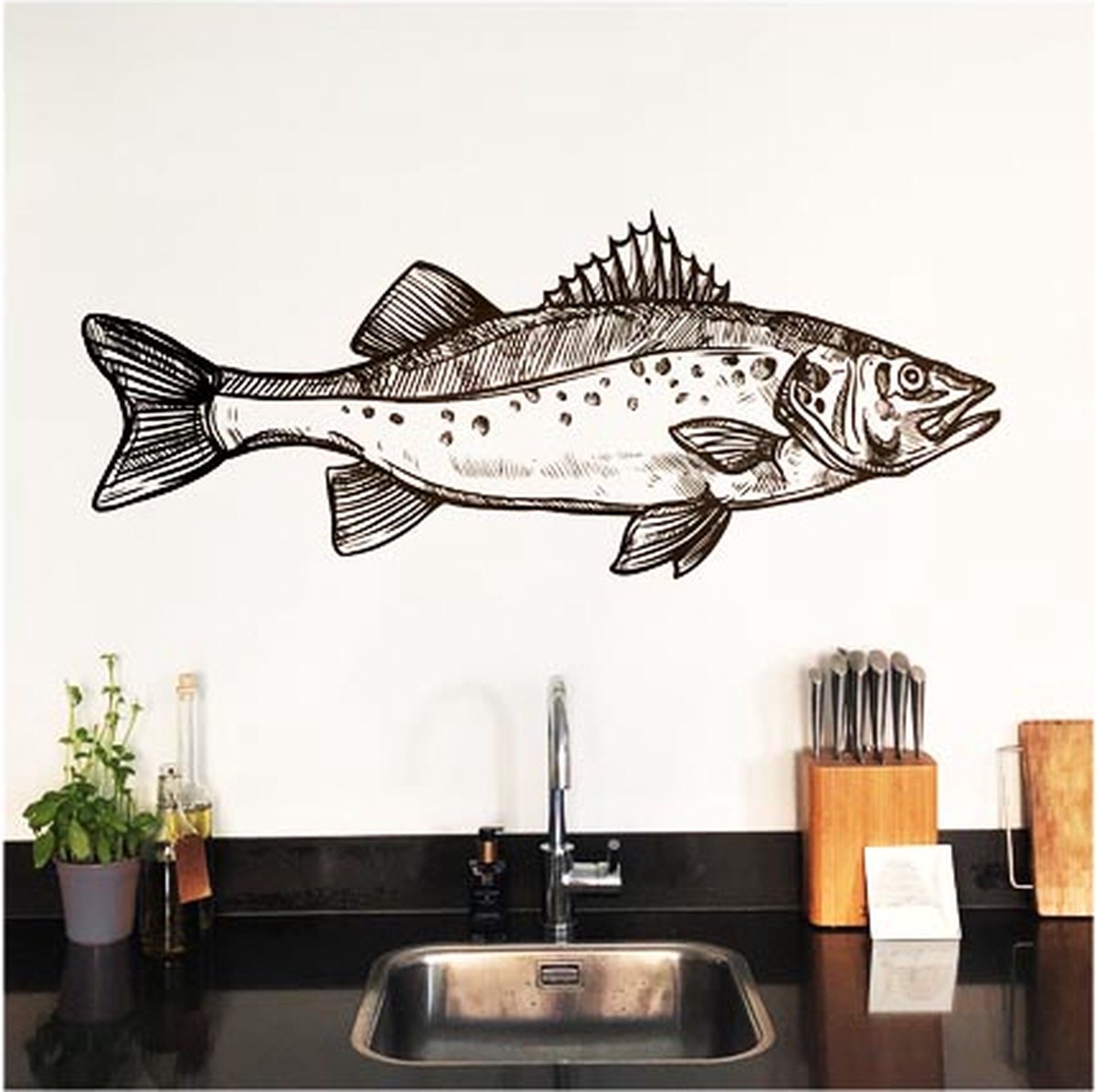 Zeebaars Sjaak - Actie! - Muursticker met duidelijke plak instructie - 125x48cm - Zwart