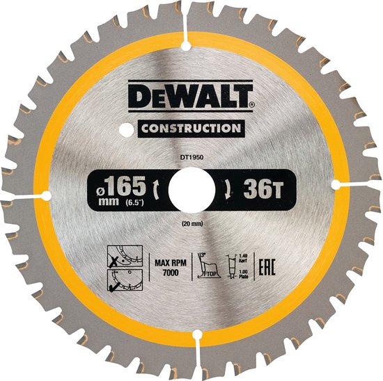 Lame de scie circulaire DeWALT pour bois | Construction | Ø 165mm Trou d'axe 20mm 36T - DT1950-QZ